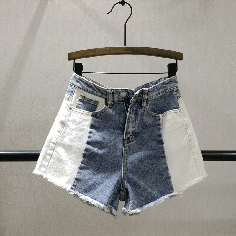 

Women Summer A- Line Denim Shorts Female Summer New Slim Contrast Color Wide Leg Hot Pants Burrs Shorts Ripped Jeans Shorts