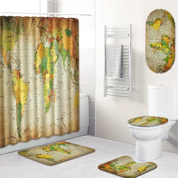 

T World Map PVC Shower Curtain Bathroom Carpet in Bath Mat Anti Slip Toilet Rugs Set Flamingo Toillete Seat Cover for Home Decor