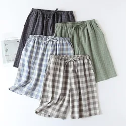 Blue Drawstring Plaid Pajamas Green Men Summer Cotton Gauze Double-layer Thin Quarter Home Pants Shorts Grey Summer Beach Pants