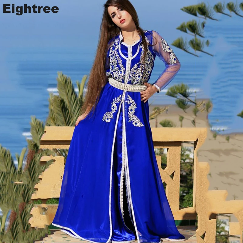 

Eightree Royal Blue Arabic Muslim Evening Dresses Long Sleeve Caftan Special Occasion Dresses Lace Appliques Morocco Party Gowns