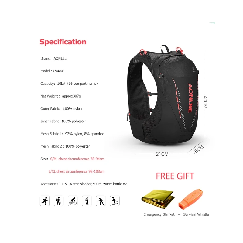 AONIJIE C948 LXL Hydration Backpack 10L Sport Bag Ultralight Marathon Vest with Water Bladder Outdoor Camping Hiking Pack Bag