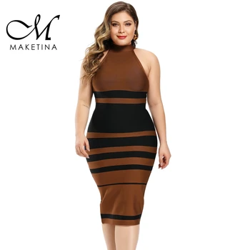 

Maketina 2020 Women Round Neck Plus Size Bandage Dress Summer Brown Striped Bandage Dress Sexy Party Plus Size Bodycon Dress