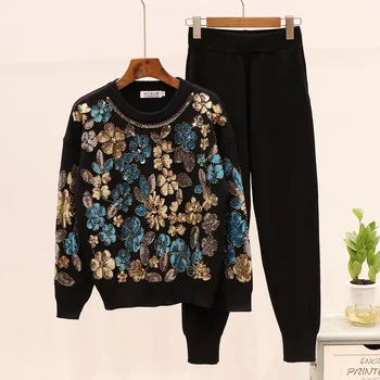 

2019 Autumn Winter Sweatsuit Women Bead Sequin Flowers Long Sleeve Knit Sweater+ Knitted Pants Two-piece Set Girl Tracksuit Sets