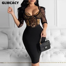 Женское кружевное лоскутное леопардовое облегающее платье с рукавами-фонариками, сексуальное вечернее Клубное платье Aprty, элегантное женское платье