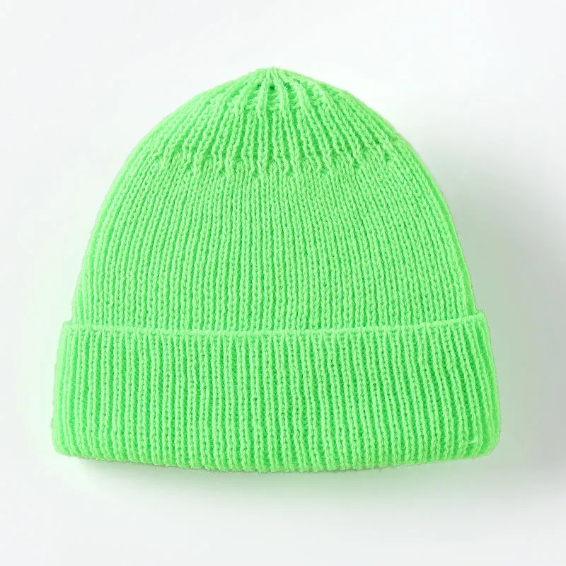 Fluorescent green Мужская вязаная шапка, зимняя шапка для мальчика с черепом, шапка моряка, с манжетами, без полей, Ретро стиль, темно-синий стиль, шапочка, шапка дыни, короткая Осенняя шапка для девочки - Цвет: Fluorescent green