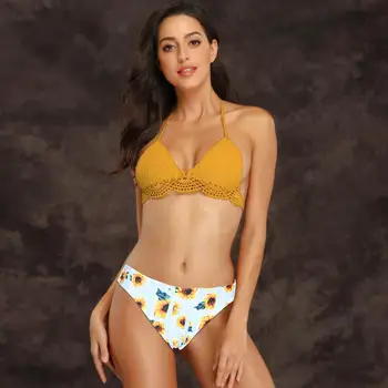 

Women Sexy Bikini Set Crochet Swimwear Knit Cutton Orang Bra Floral Printed Low Waist Briefs Thongs Crochet Bathing Suit