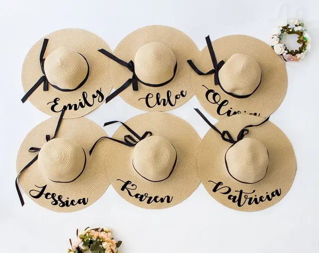 Personalized floppy hat with black ribbon, custom beach hat bridesmaid gift honeymoon wedding bachelorette trip bridal party