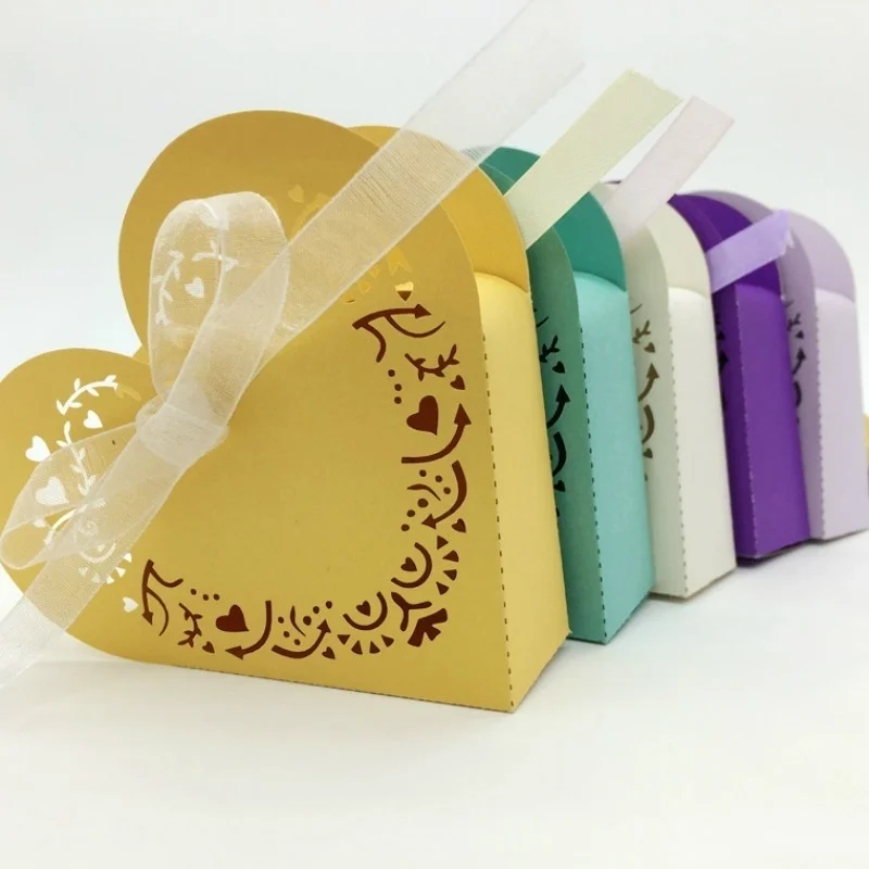 10/50PCS Candy Box Heart-shaped dragee Boxes Laser Cut Wedding decoration Party Baby Shower Gift Boxes Pearlscent Paper 5z