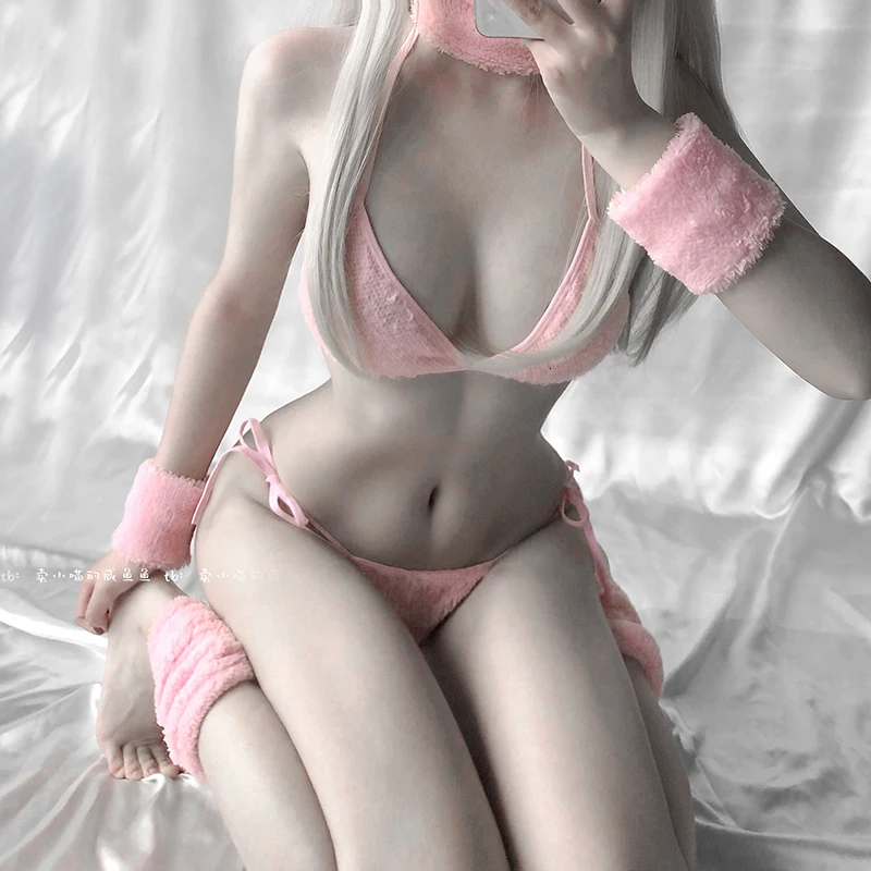 Pink Rabbit Bikini Set Erotic Outfit for Woman Bra Thong Set Kawaii Bunny Girl Uniform Anime Cosplay Costume DDLG Sexy Baby women lingerie women lingerie set women cosplay costume