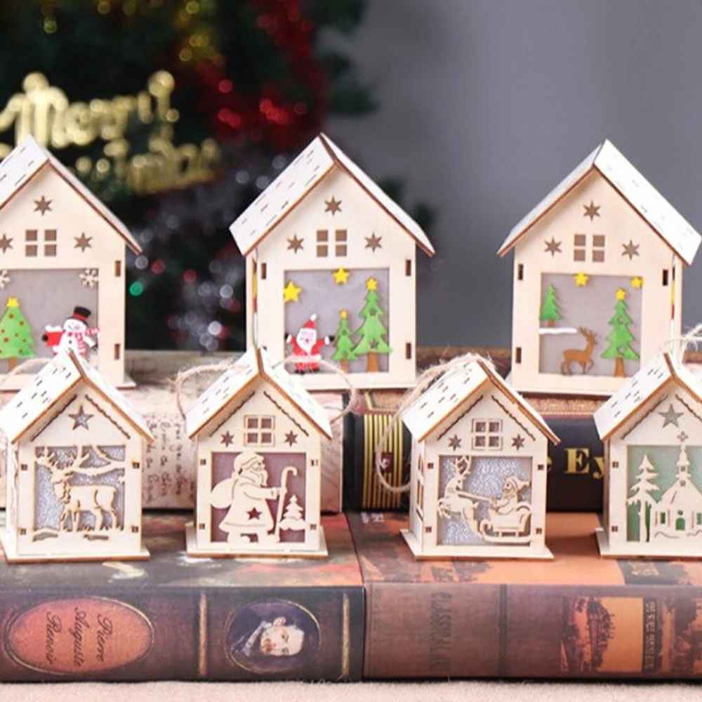 

LED Merry Christmas Decoration for Home Lighting Glowing Wooden House Christmas Tree Decorations Pendant DIY Gift Window Display