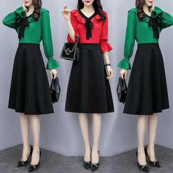 

Patchwork Dress For Women Flare Sleeve Ladies Dresses Long Sleeve Korean Dress Office Lady Vestidos De Fiesta De Noche Ukienki