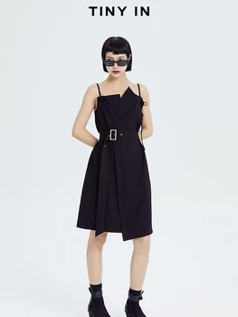 

SuperAen Suit Spaghetti Strap Sleeveless Dresses Waist Hugging Crisp Irregular Gray Black Two-Color Original Women Dress