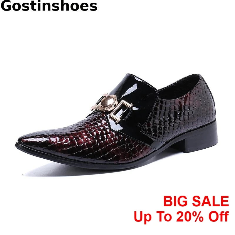 

Grids Printed Genuine Leather Shining Casual Shoes Men Pointed Toe Slip On Height Increased Leisure Shoes Men Loafers
