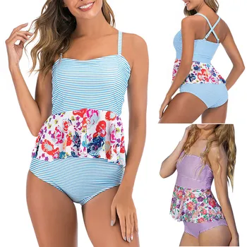

Hot Sales Women Plus Size Takini High Waist Ruffle Bathing Suit Female Retro Jumpsuit Fashion Printed Biquini Padded Lengerie