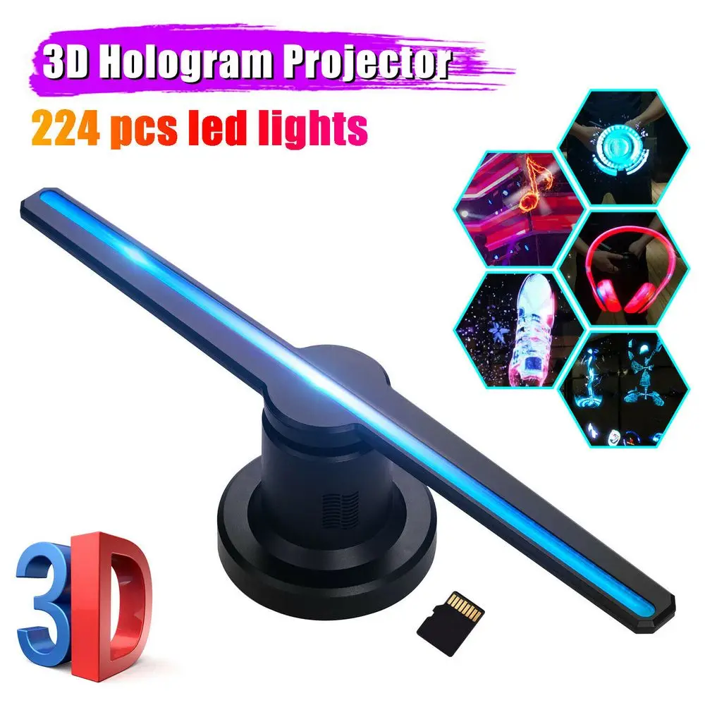 Ventilador holográfico de LED con 224 Perlas de LED Diyeeni Proyector de Publicidad con Holograma 3D Ventilador de exhibición Negro 512 * 224 resolución de Soporte de Tarjeta TF
