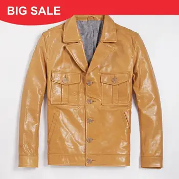 

2020 Yellow Men Casual Leather Jacket Large Size XXXL Genuine Cowhide Autumn American Style Slim Fit Leather Caot FREE SHIPPING