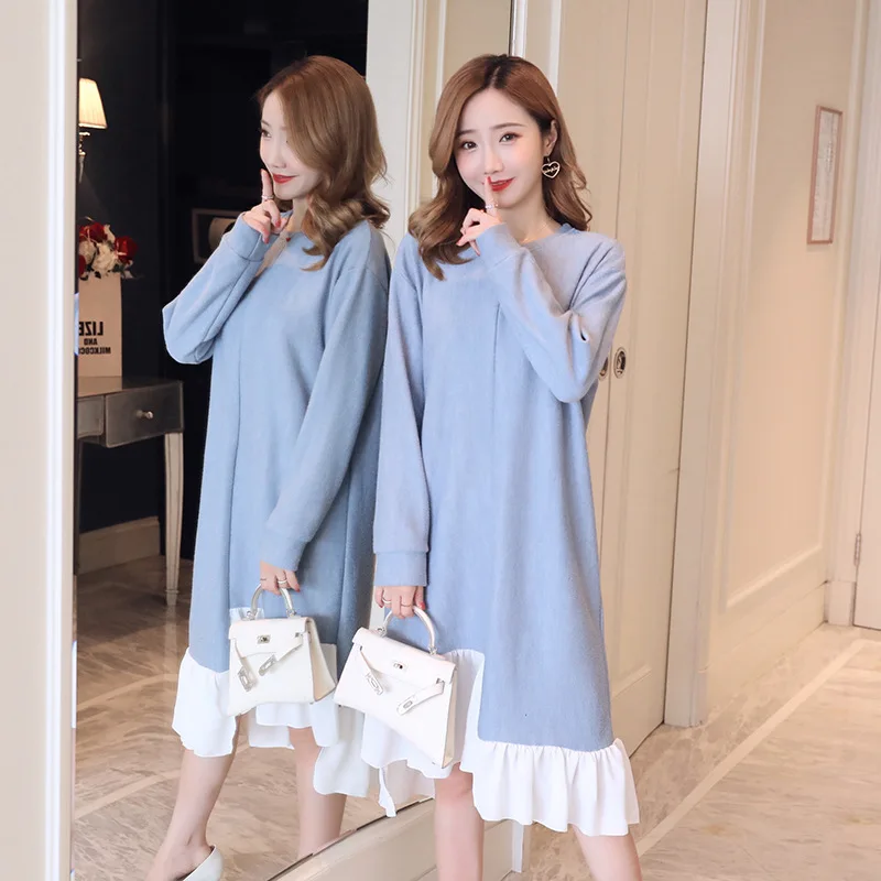 

Pregnant Women Mock Two-Piece Dress Autumn Loose Fashion Fold-down Collar Autumn And Winter Joint Mid-length Fashion Mom Korean-