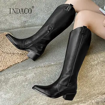 

Fashion Women Winter Boots Pointed Toe Knee High Boots Off White Thick Heel Thong High Boots Side Zipper