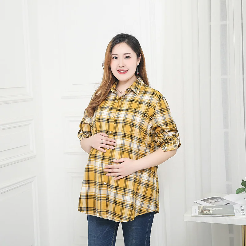 

Spring and autumn new maternity dress loose large size lattice pregnant women long-sleeved pregnant fashion casual shirt