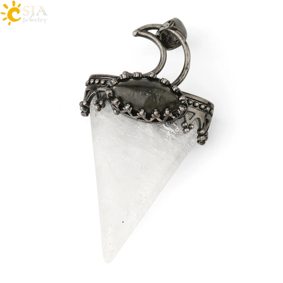 White Crystal CSJA, натуральная треугольная Подвеска из камня, ожерелье, античный серебряный цвет, корона, Луна, лабрадорит, геометрический, для женщин и мужчин, Трендовое ювелирное изделие G324 - Окраска металла: White Crystal
