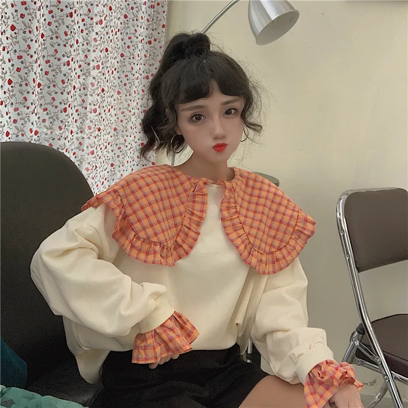 Женская Толстовка Harajuku с мультяшным принтом каваи, милые клетчатые толстовки для девочек, свободные осенние толстовки с кукольным воротником, имитация двух частей, джемпер в Корейском стиле