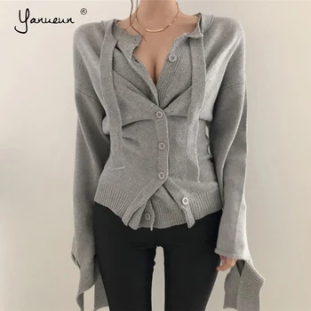

Yanueun New Autumn Winter Women Sweaters Asymmetrical Long Sleeve Tops Korean Lace-up Knitted Cardigans Ladies Sexy Tops