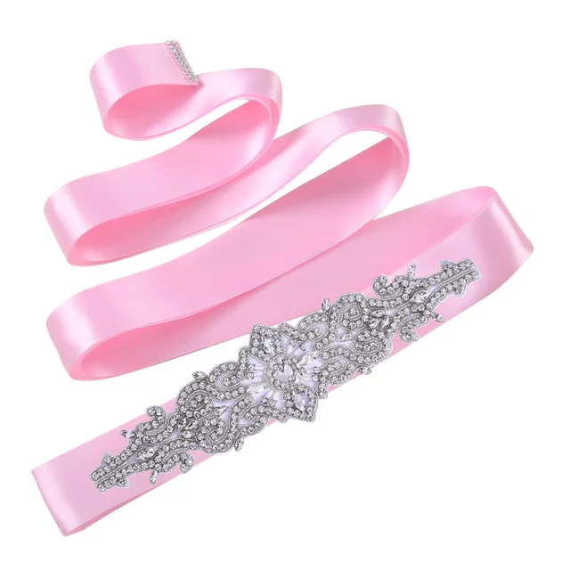 TOPQUEEN S26 Luxury Rhinestones Wedding Dresses Belt Women Crystal Belts for Bride Wedding Waistband Jewel Belts Bridal Sashes Pink ribbon