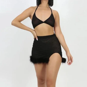 

Women Solid Dress Set Lace up Halter Cropped Tops High Waist Skirt Color Match Feather Backless Sexy Beach Holiday Wear