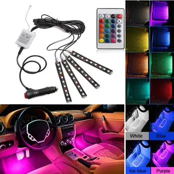 

4pcs Car Interior Light RGB LED Strip Light LED Strip Lights Colors Lamps Car With Remote Car Styling Decorative Atmosphere 12V