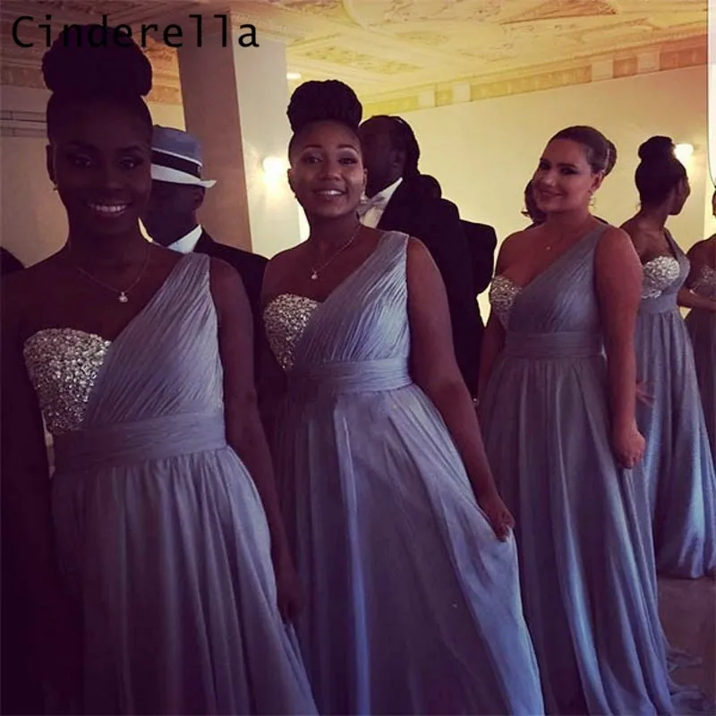

Cinderella Shining Crystal One Shoulder A-Line Chiffon Crystal Beading Bridesmaid Dresses Lace Wedding Party Bridesmaid Gowns