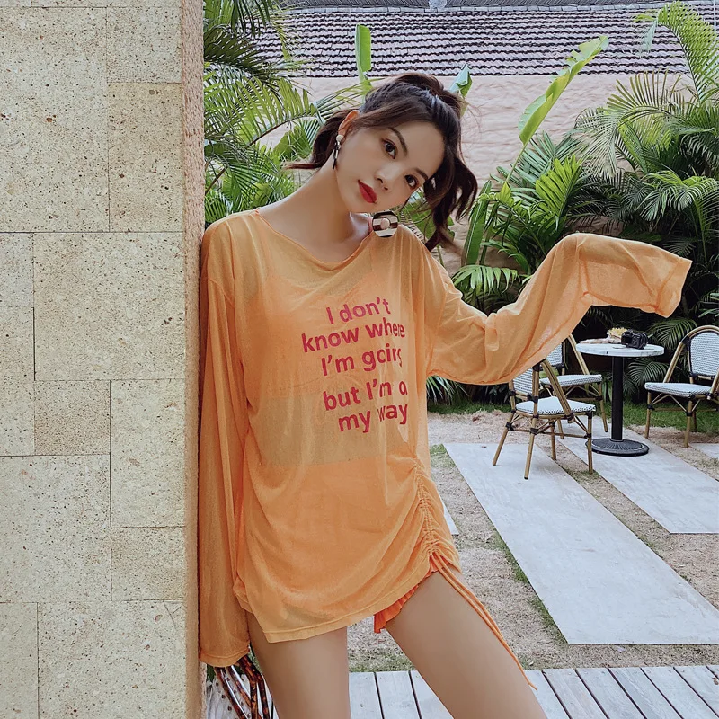 

-Bubble Hot Spring Split Type Three-piece Set Bathing Suit WOMEN'S Orange Long Sleeve Blouse Fairy Style South Korea INS-Style S