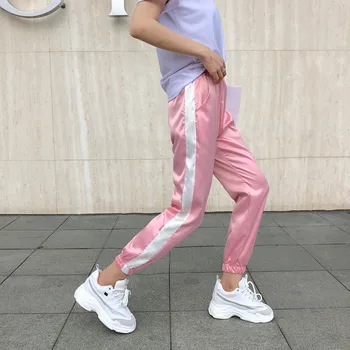 

Woman Glossy Satin Elastic Waist Sports Jogger Pants Side Striped Ankle Length Fashion Casual Pink Sweatpant