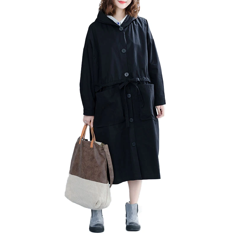 EaseHut, Женская винтажная негабаритная куртка, пальто с капюшоном, однобортное, с завязками на талии, свободное повседневное длинное пальто, осенняя верхняя одежда - Цвет: Черный