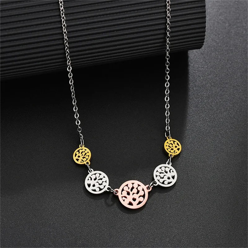 

Lucky Jewelry Tree of Life 5 Rounds Pendant Necklace Silver Color Bijoux Collier Stainless Steel Erkek Kolye Gifts Dropshipping