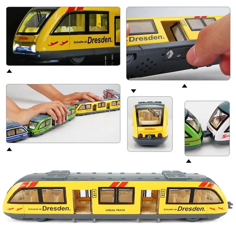 1: 64 Магнитная вытяжка назад сплав соединенный метро трек поезд сплав модель игрушки звук и светильник коллекция автомобилей