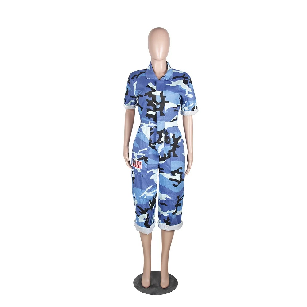 blue camouflage Женский Камуфляжный женский спортивный костюм комбинезон американский День Независимости звезды полосы сиамские шорты карман на молнии сиамские Z396 - Цвет: blue camouflage