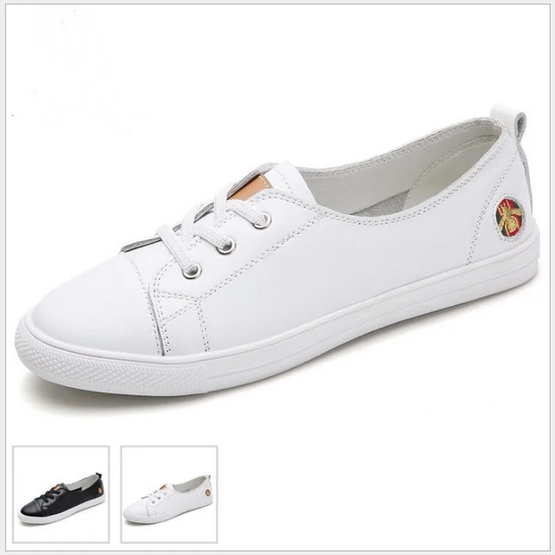 

Spring White Sneakers Lady Female Slip On Genuine Leather Moccasins Casual Shoes Summer Canvas Shoes Zapatillas Mujer