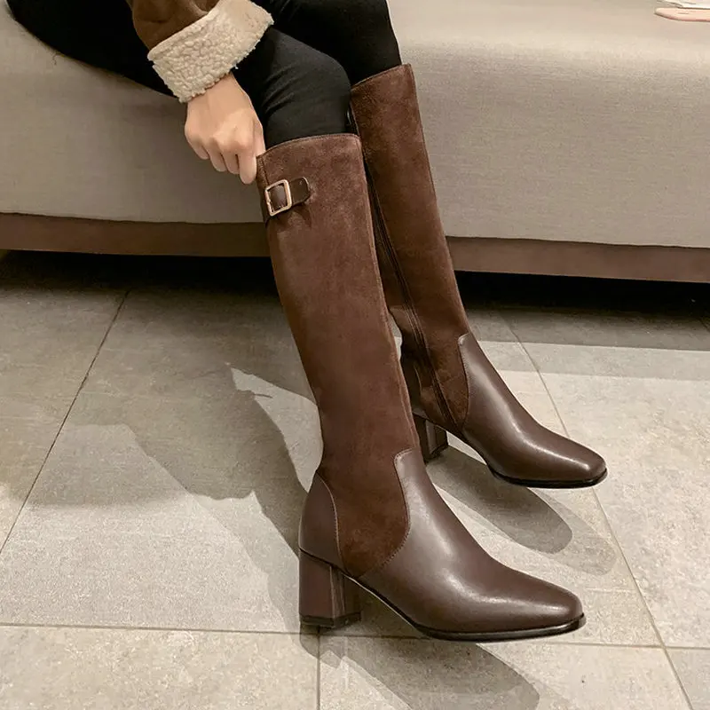 ESVEVA Shoes Women Knee-high Boots Square Med Heel PU+Leather Boots Fashion Platform Round Toe Motorcycle Boots Size 34-39