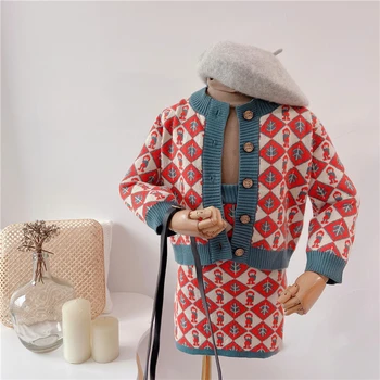 

Girls' Catwalk Cardigan Suit For Autumn 2020 New Children's Dress Retro Linger-Knit Sweater Skirt
