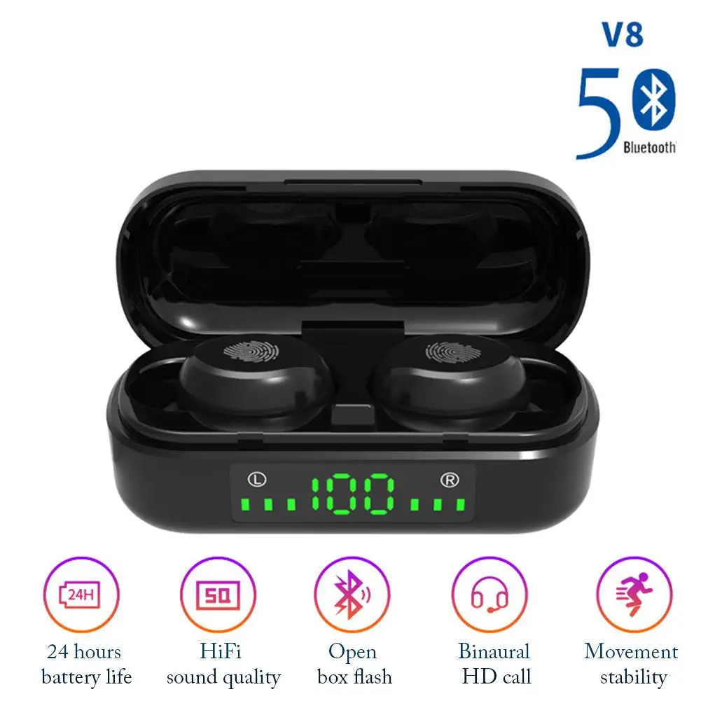 

V8 TWS Bluetooth Earphone 5.0 LED Display Wireless Earbuds IPX5 Waterproof 8D Stereo Surround Sound In-ear Bluetooth Headsets