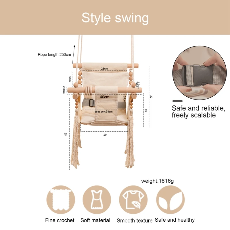 Baby Swing Canvas Children Wooden Hanging Chair Outdoor Nursery Toys Children Tassel Rocking Chair 5