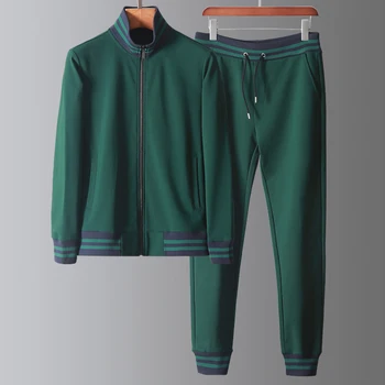 

Sets (sweatshirts+pants) Luxury Green Stripe Zipper Sweatshirt Men Fashion Slim Fit Mens Hoodies Plus Size 5XL