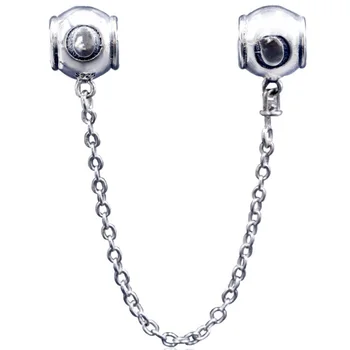 

New 925 Sterling Silver Bead Charm Logo Signature Smooth Safety Chain Thread Beads Fit Pandora Bracelet Bangle Diy Jewelry