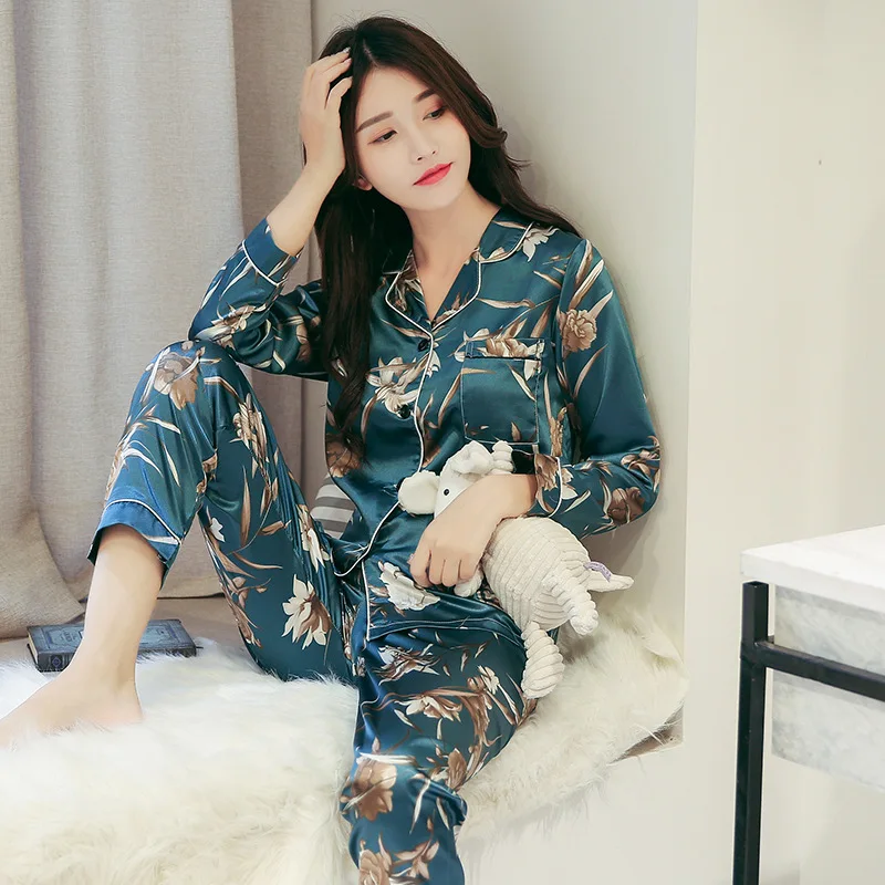 

2020 Spring Women Satin Silk Pajamas Sets Sleepwear 2 Pieces Nightwear Pyjama Flower Print Sleep Lounge Pijama With Pocket