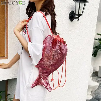 

Glitter Women Sequins Leather Shoulder Bags Lady Fish Shape Drawstring Backpacks Cartoon Sequin Fish Tail Laser Schoolbags