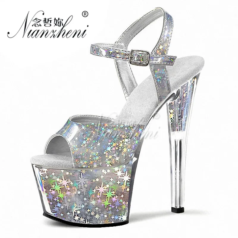 

17CM Super Stiletto heels Patent leather Novelty Crystal Clear Women's Sandals 8 inches Trend paint Cross dressing Party Dress