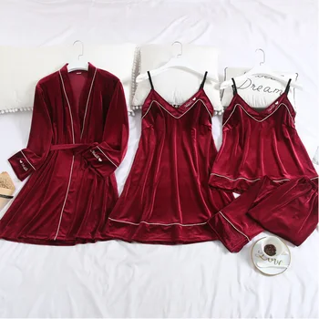 

Pajama For women Winter Gold Velvet Pajamas Set Sexy Sleepwear 4 Pieces Home Clothes Long sleeve Thicken Warm Home Service Suit