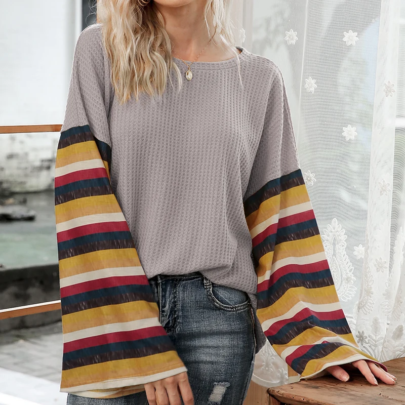 

Strip Print Flare Sleeve T Shirt Women Oversized Patchwork High Stree Tshirt Woman Korean Style 2020 Autumn Female Streetwear