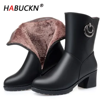 

HABUCKN 2020 New Women mid calf Boots Winter Genuine Leather Women Boots Shoes Trend Women Dress Boots High-heeled Autumn