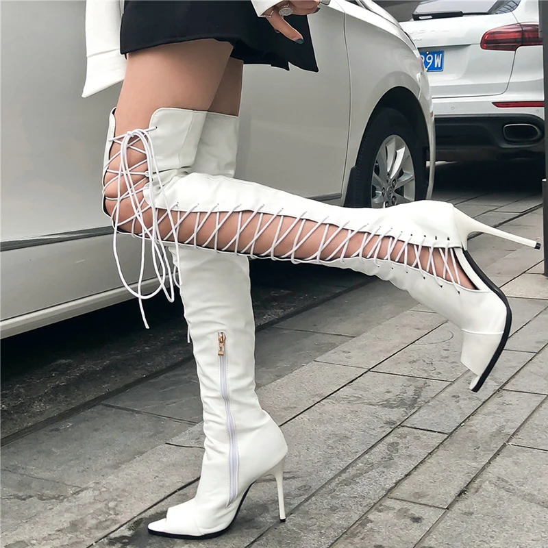 

Women Over The Knee Boots 2020 Female Pu Leather Boots Women Sexy Cross Tied Hollow Out Shoes 11cm Thin Heel Autumn Long Boots